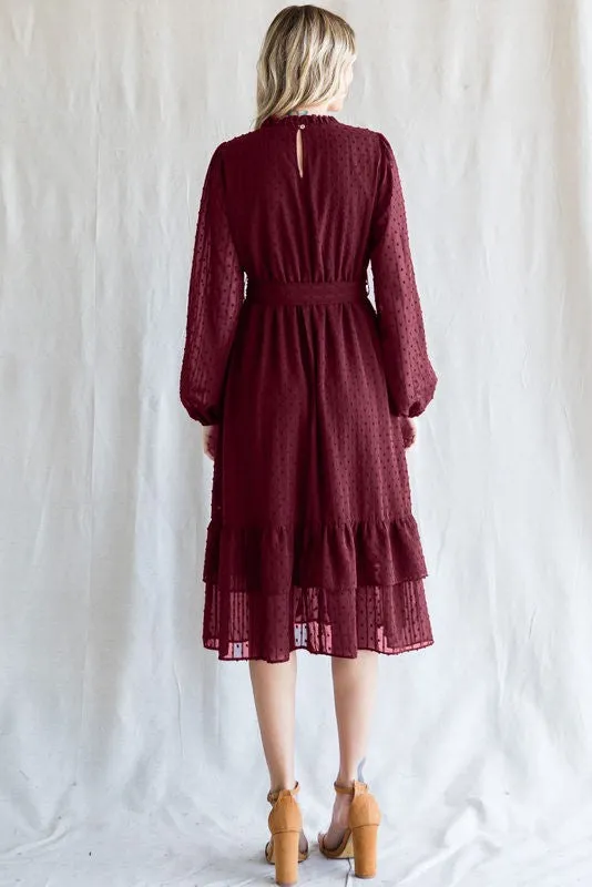 Burgundy Swiss Dot Ruffle Accent Midi Dress sold by Pinkblush product image thumbnail 3