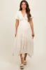 Cream Deep V-Neck Puff Short Sleeve Asymmetrical Hem Maternity Midi Dress sold by Pinkblush
