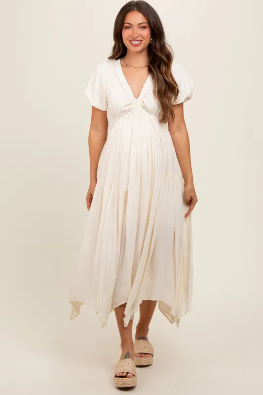 Cream Deep V-Neck Puff Short Sleeve Asymmetrical Hem Maternity Midi Dress sold by Pinkblush