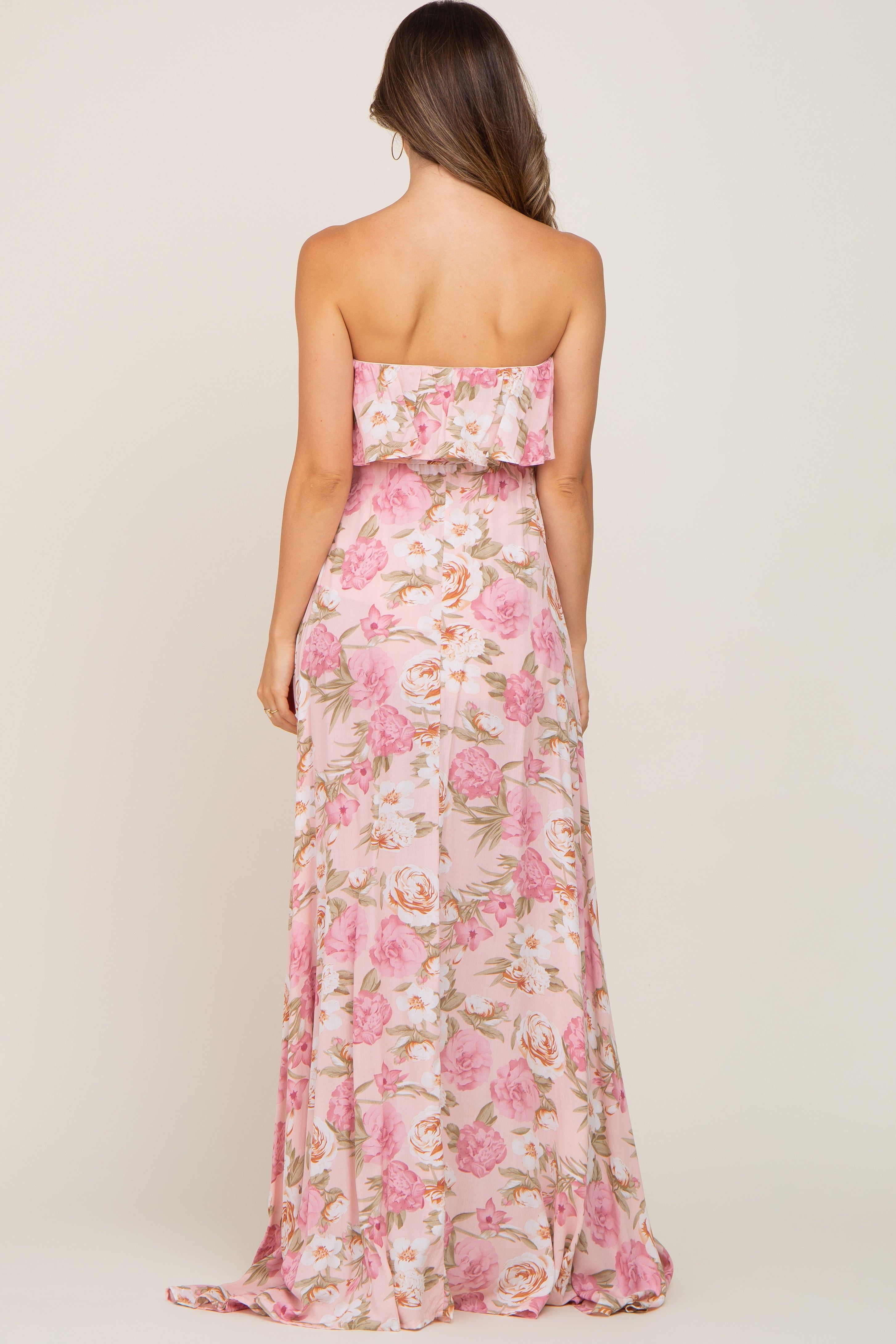Light Pink Floral Strapless Ruffle Front Maternity Maxi Dress sold by Pinkblush product image thumbnail 3