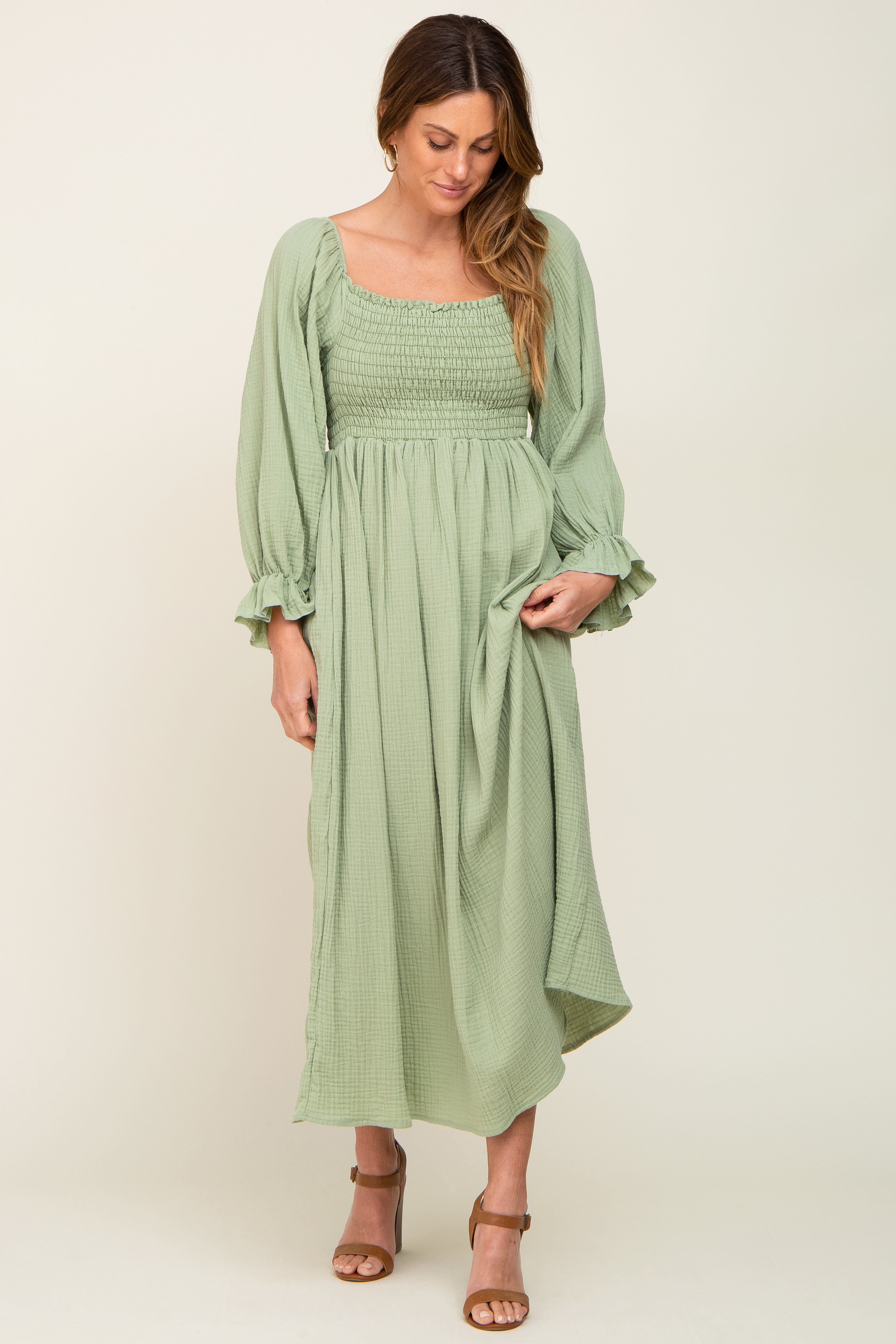 Light Green Gauze Smocked Midi Dress sold by Pinkblush