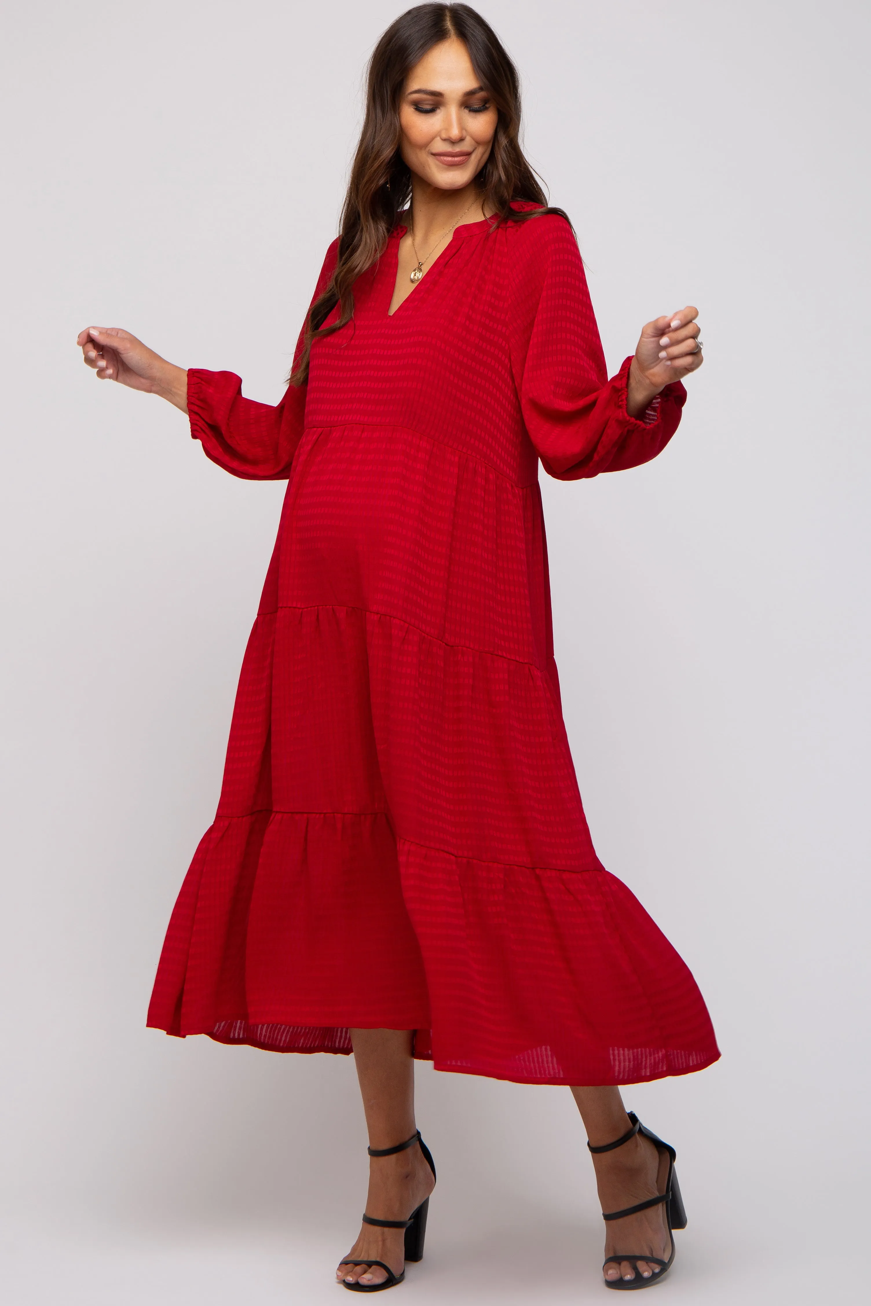 Red Textured Tiered Maternity Midi Dress sold by Pinkblush