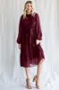 Burgundy Swiss Dot Ruffle Accent Midi Dress sold by Pinkblush