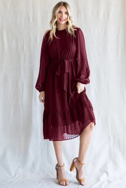 Burgundy Swiss Dot Ruffle Accent Midi Dress sold by Pinkblush