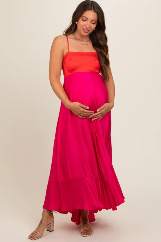 Fuchsia Colorblock Sleeveless Satin Maternity Dress sold by Pinkblush