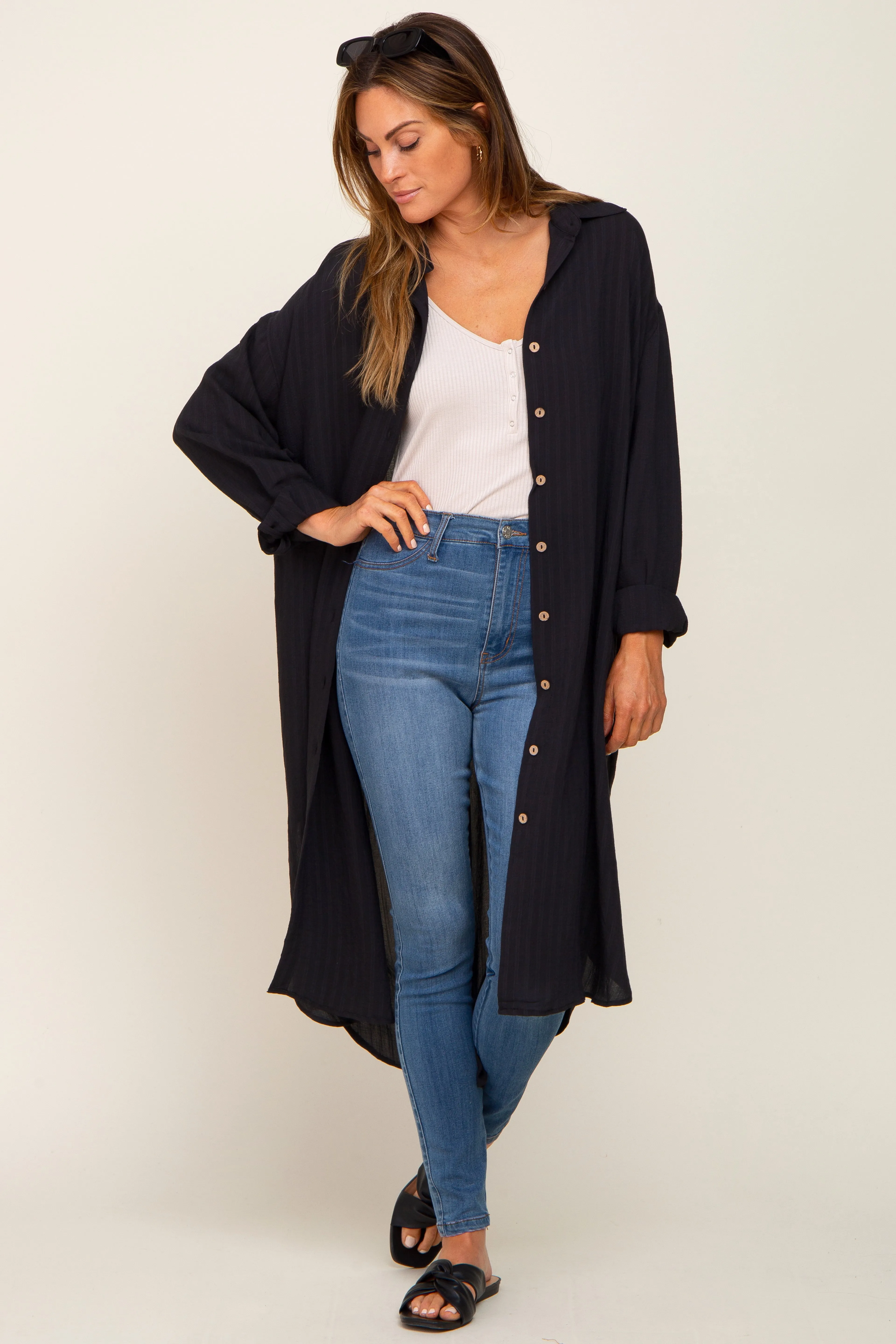 Black Striped Lightweight Button Down Maternity Top sold by Pinkblush product image thumbnail 5