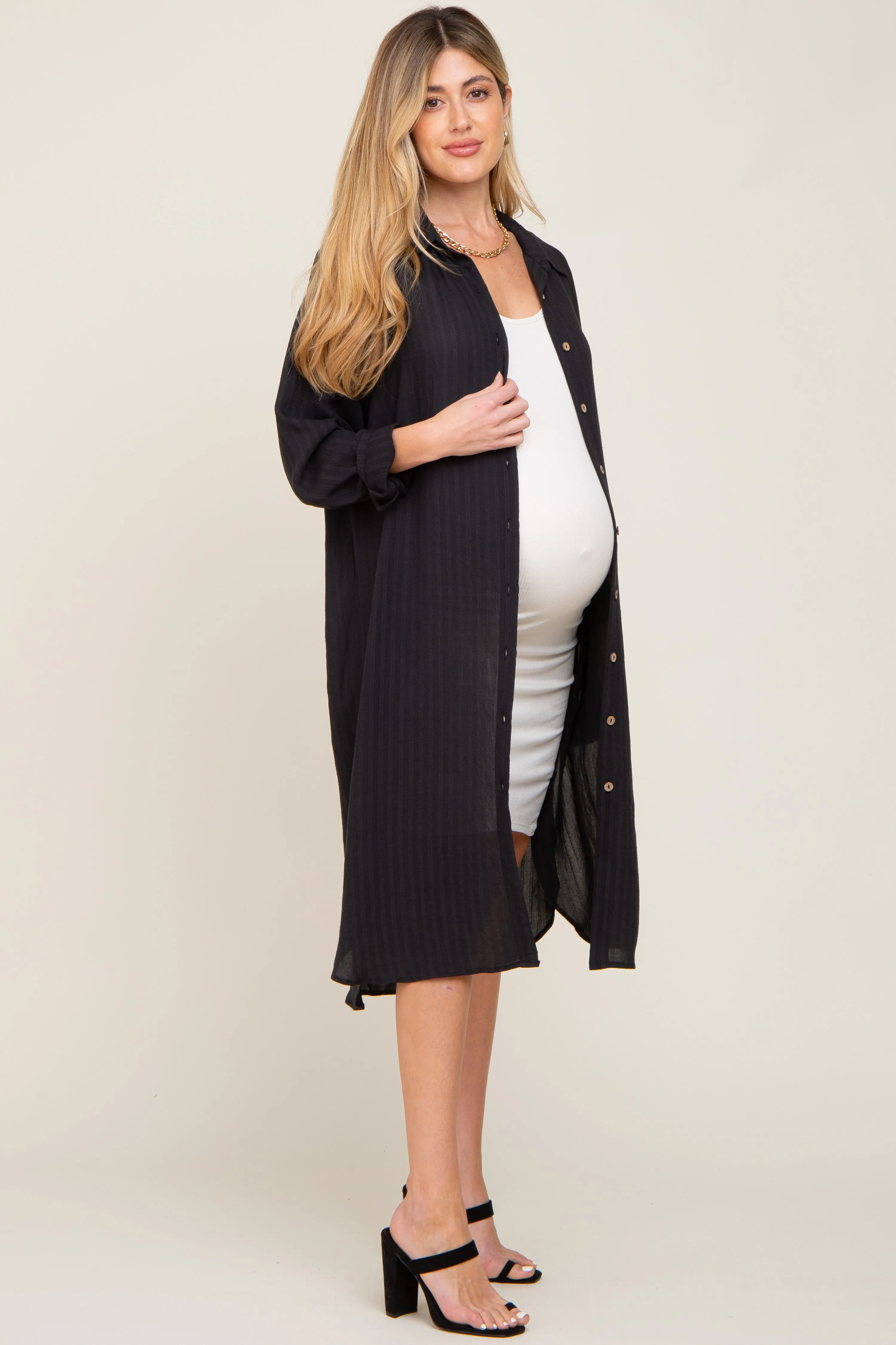 Black Striped Lightweight Button Down Maternity Top sold by Pinkblush product image thumbnail 2