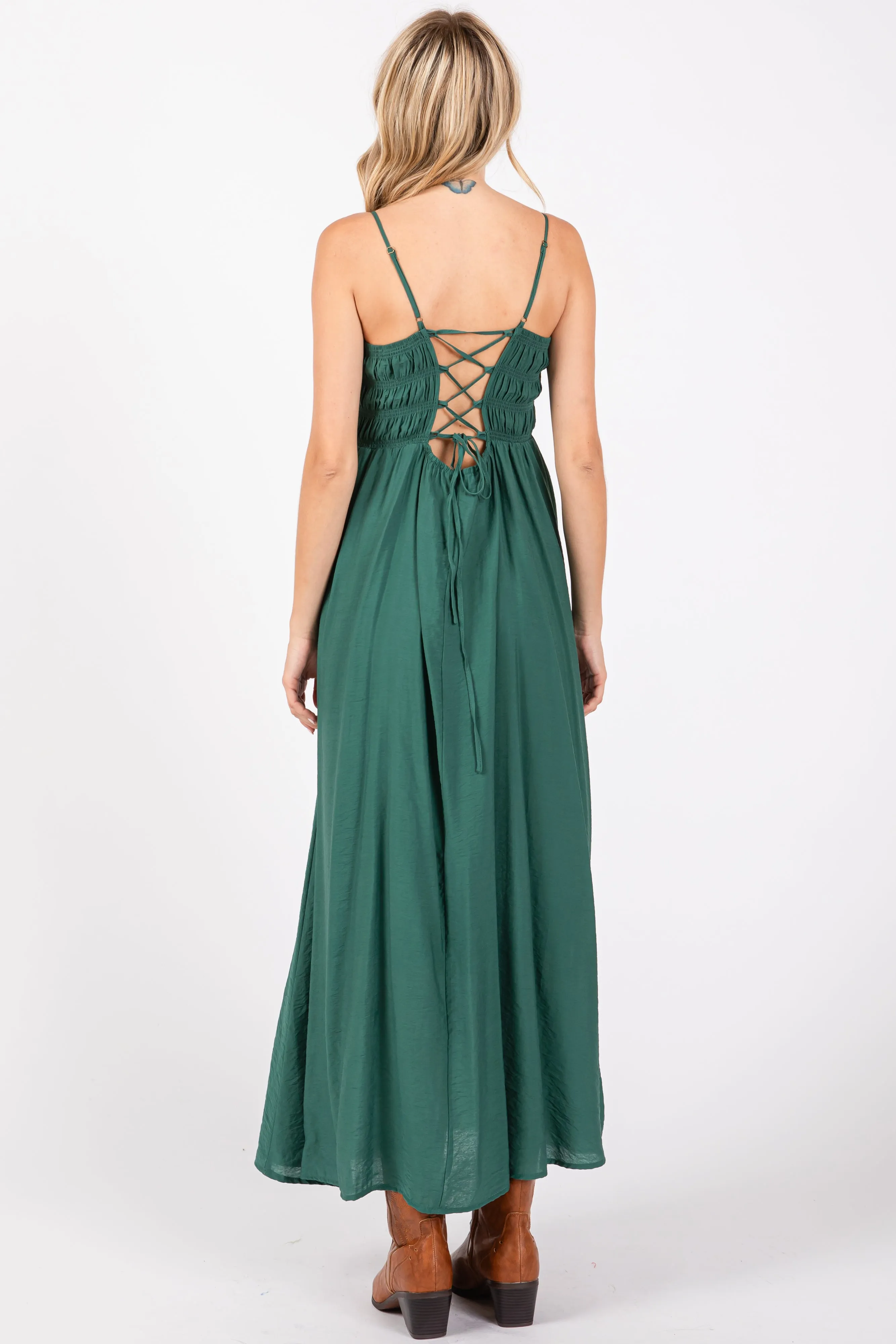 Dark Teal Smocked Cutout Lace Up Back Maxi Dress sold by Pinkblush product image thumbnail 3