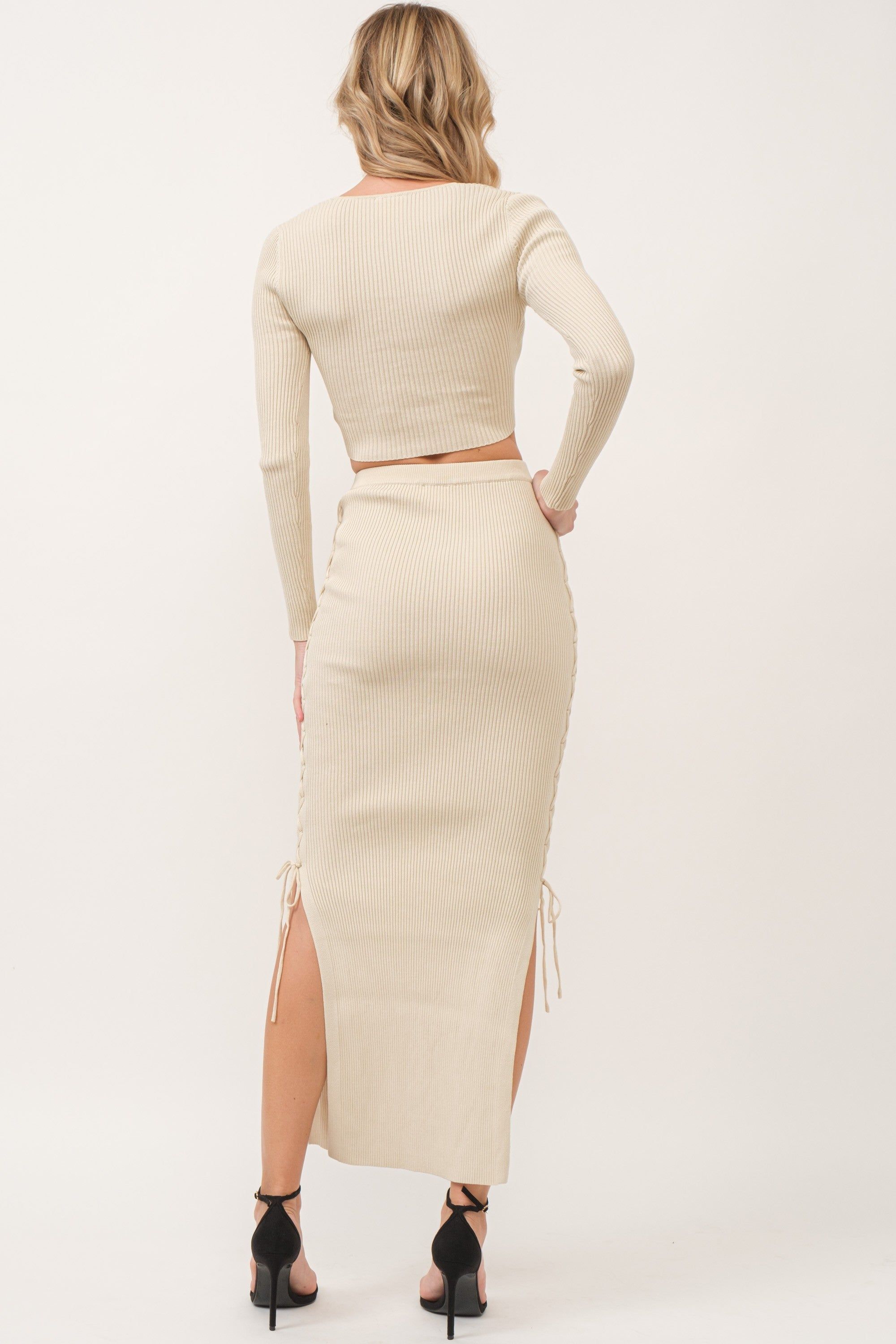 Cream Knitted Lace Up Long Sleeves Top And Skirt Set sold by Pinkblush product image thumbnail 3