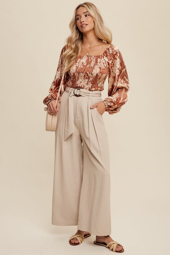 Rust Silky Satin Floral Smocked Square Neck Blouse Top sold by Pinkblush product image thumbnail 5