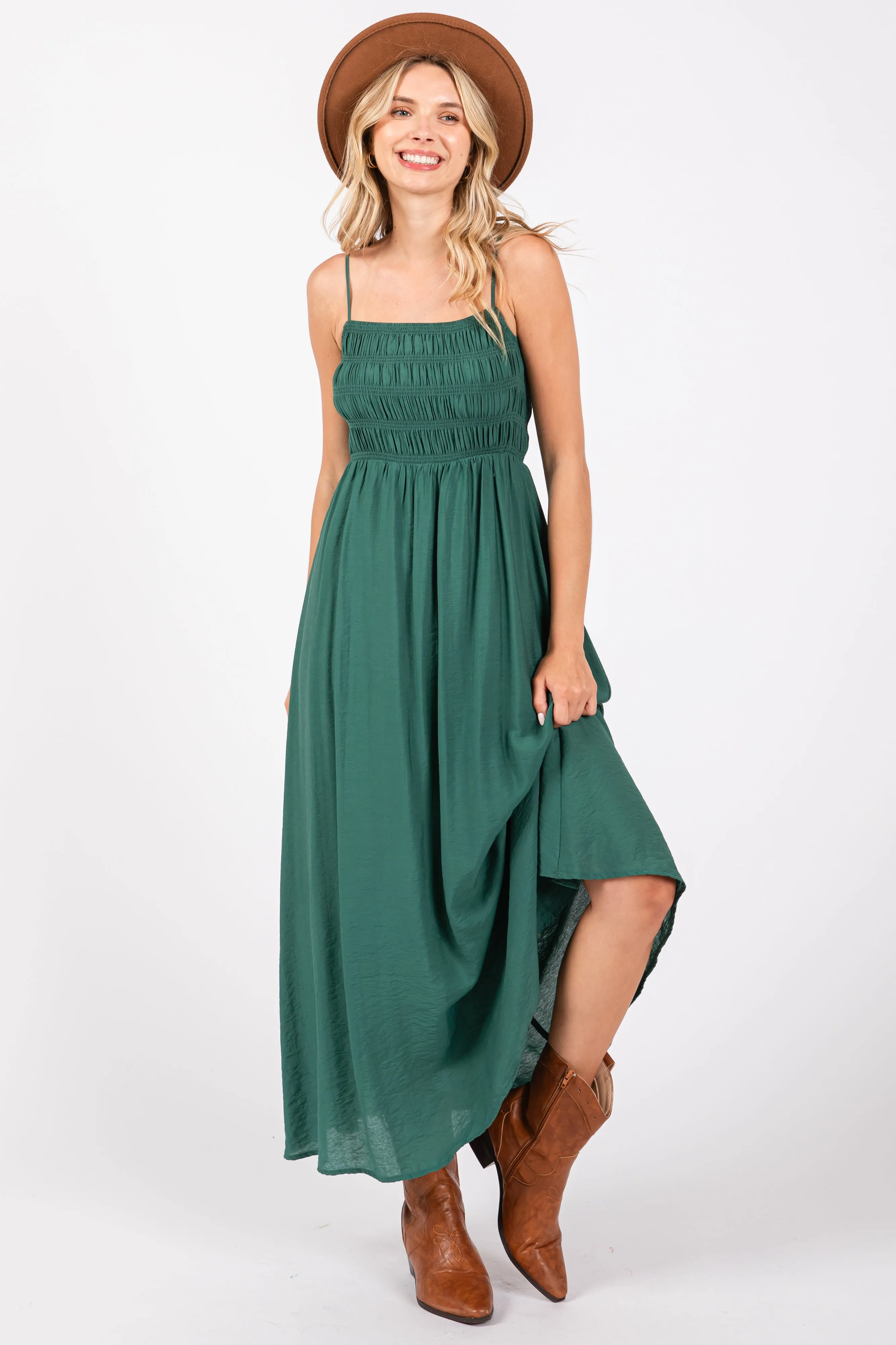 Dark Teal Smocked Cutout Lace Up Back Maxi Dress sold by Pinkblush product image thumbnail 4