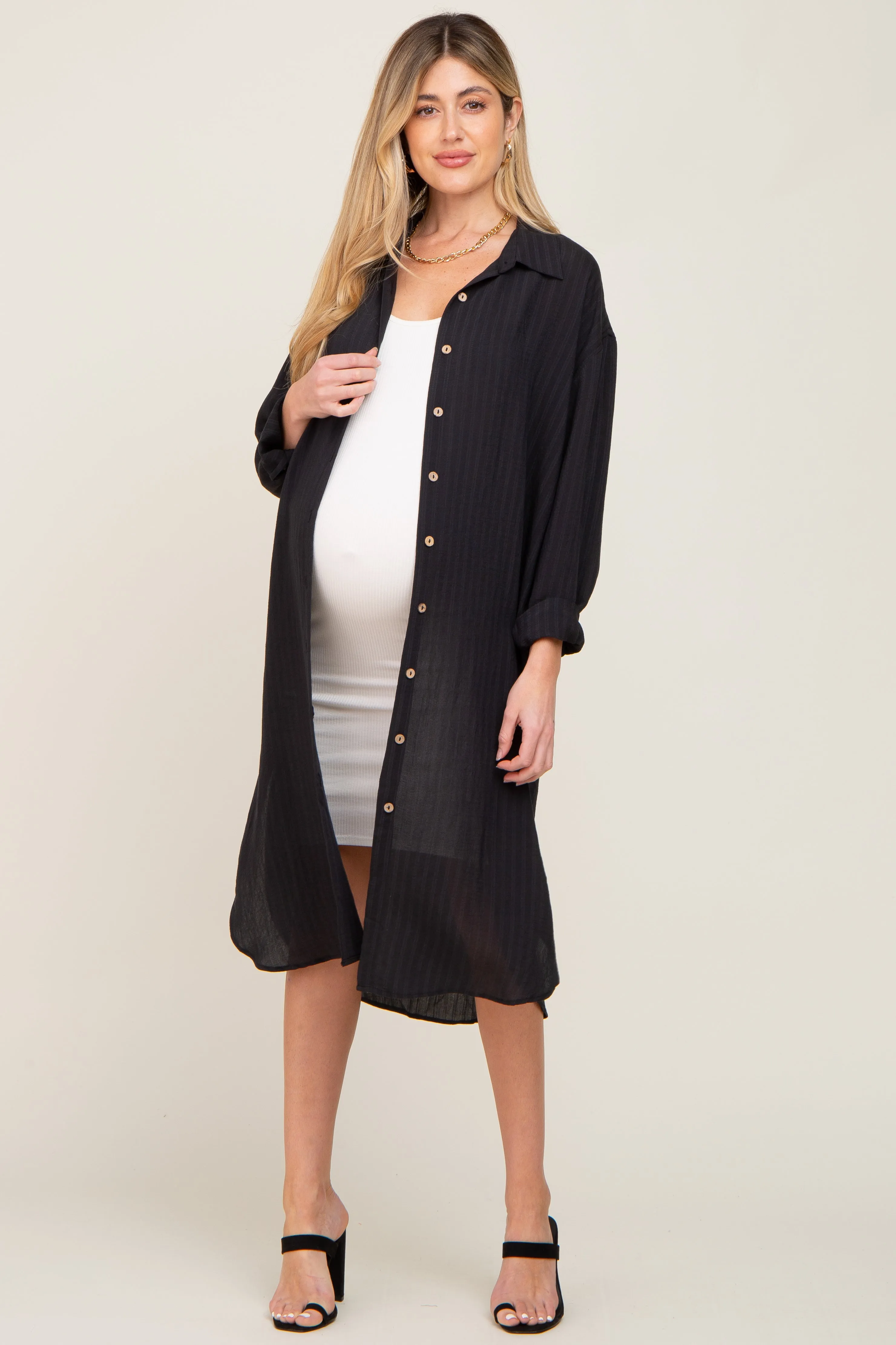 Black Striped Lightweight Button Down Maternity Top sold by Pinkblush