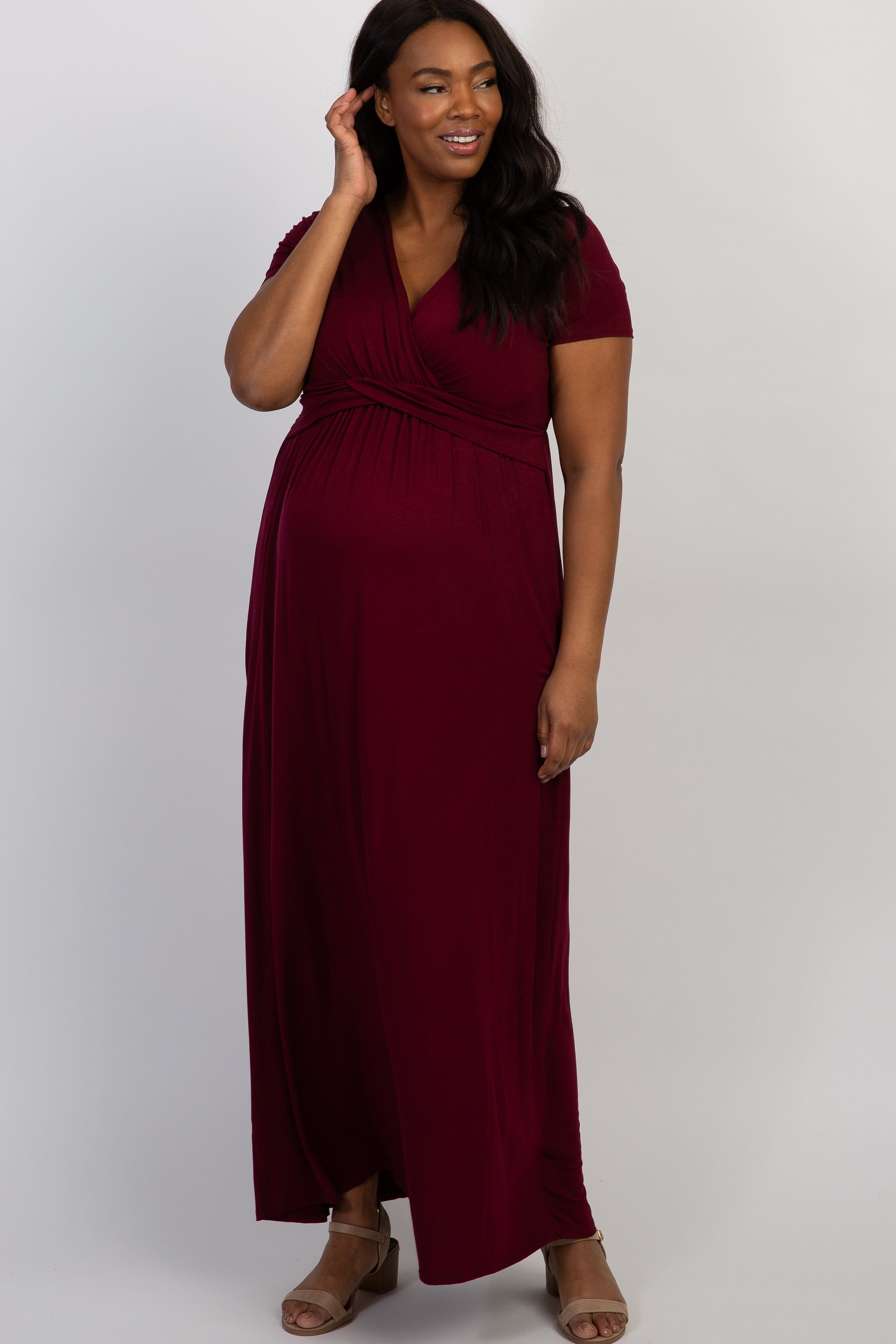PinkBlush Burgundy Draped Maternity/Nursing Plus Maxi Dress sold by Pinkblush