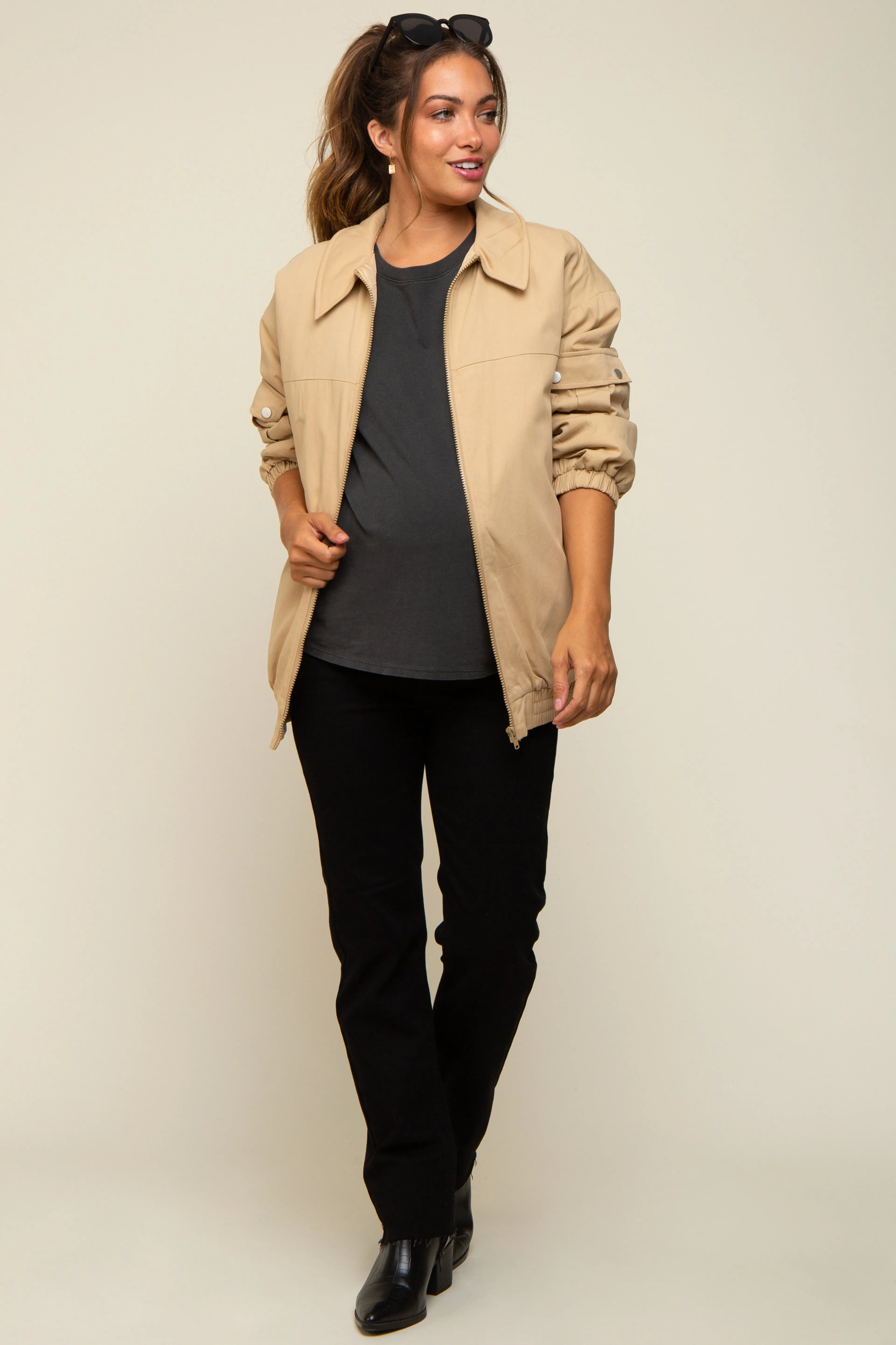 Camel Zip Up Bomber Maternity Jacket sold by Pinkblush product image thumbnail 4