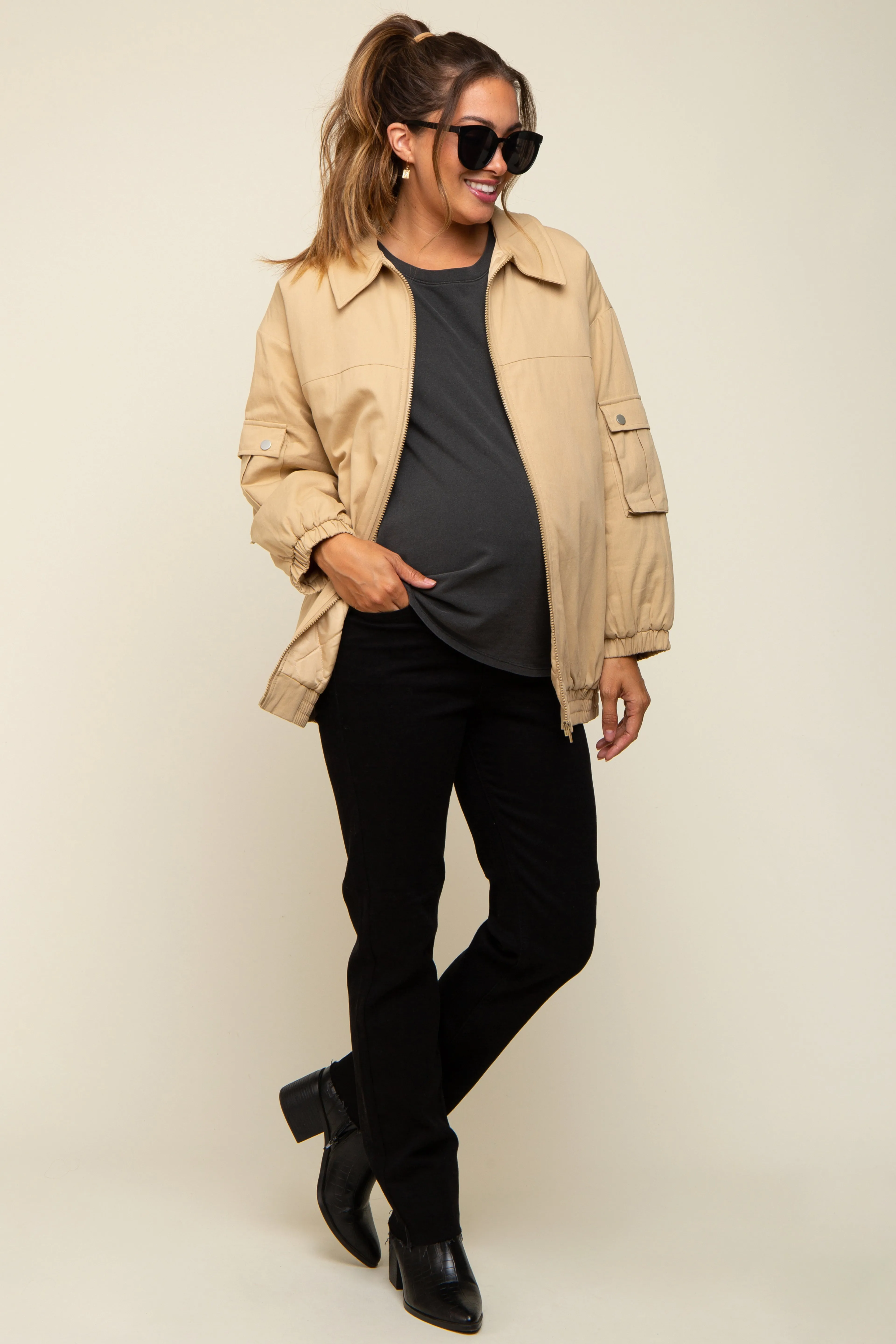 Camel Zip Up Bomber Maternity Jacket sold by Pinkblush