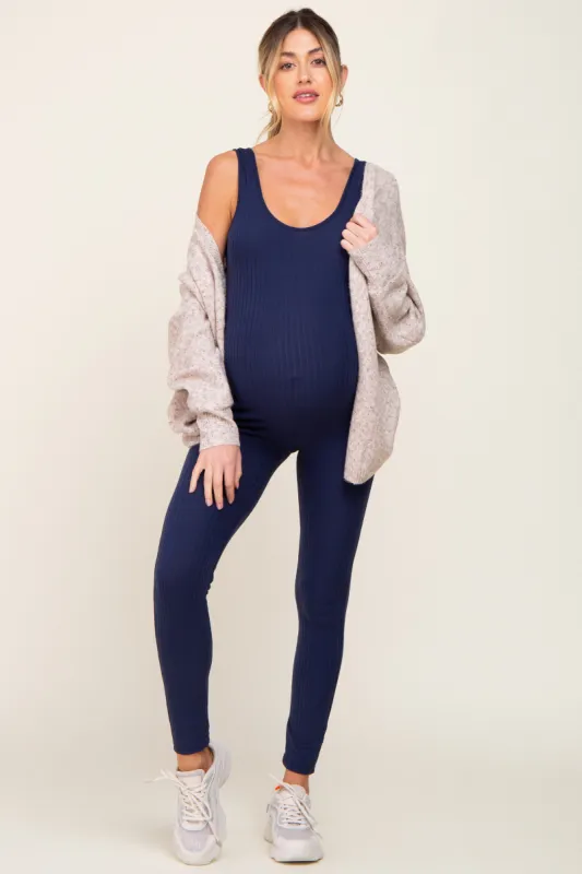 Navy Blue Ribbed Bodycon Maternity Jumpsuit sold by Pinkblush