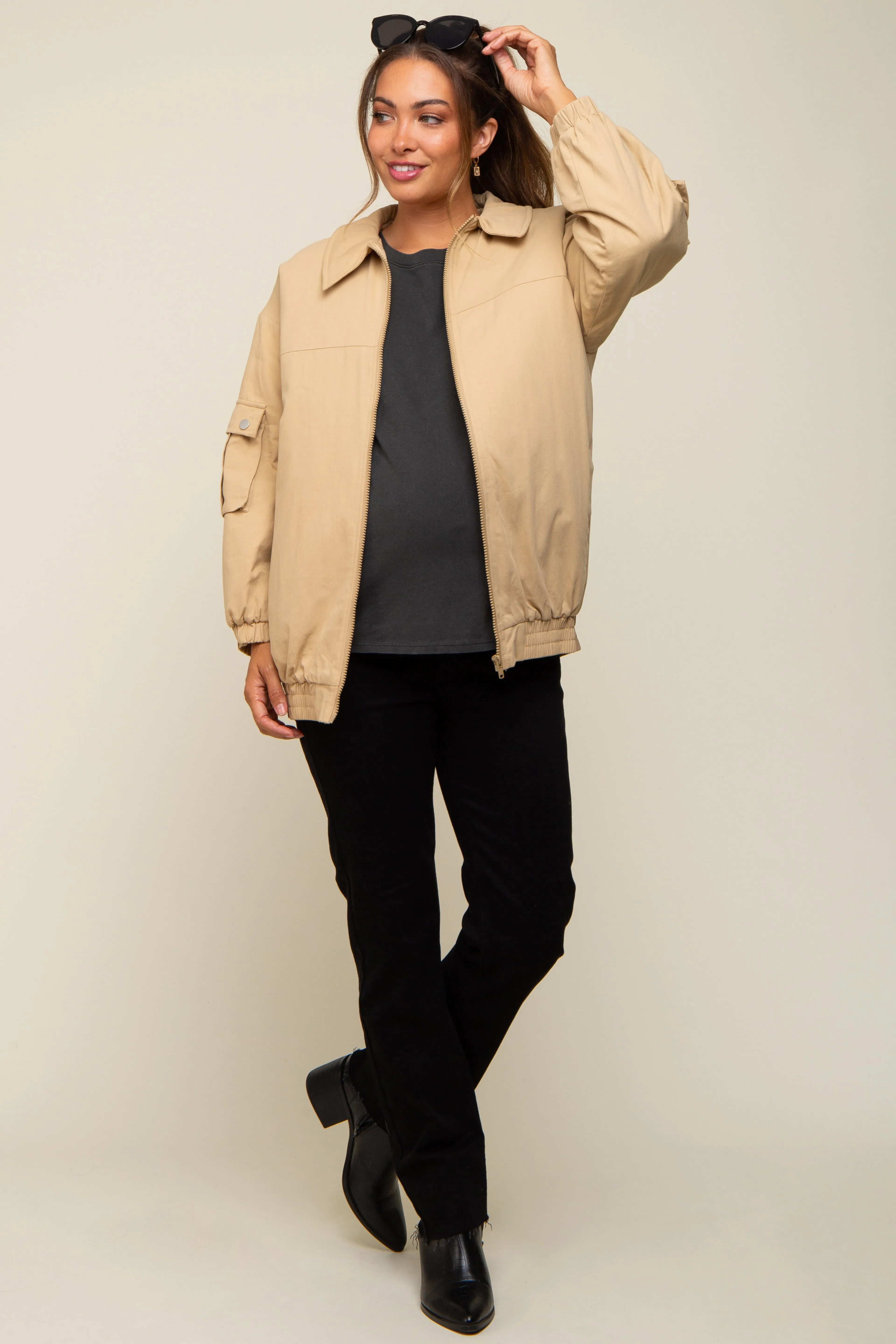 Camel Zip Up Bomber Maternity Jacket sold by Pinkblush product image thumbnail 5