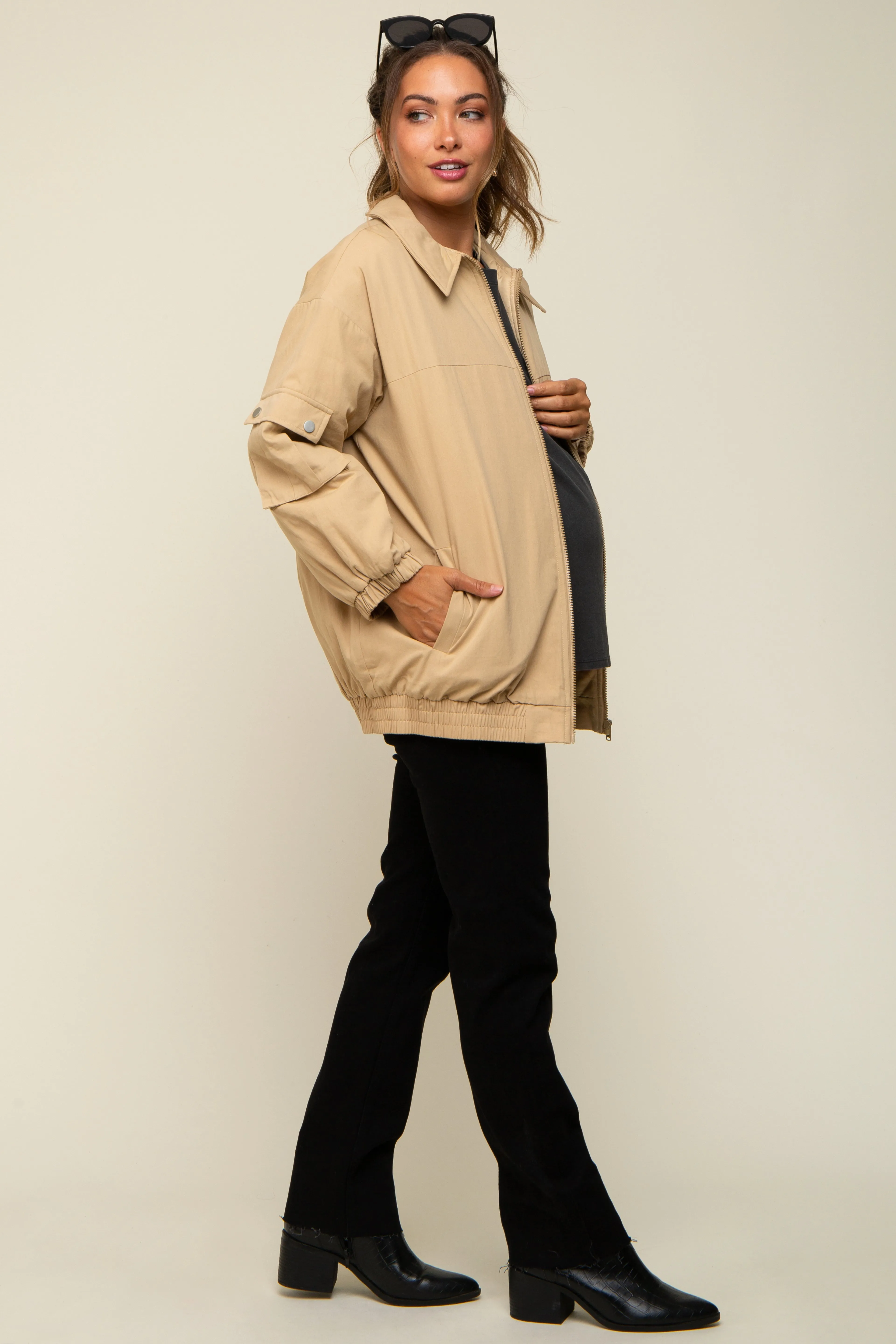 Camel Zip Up Bomber Maternity Jacket sold by Pinkblush product image thumbnail 2