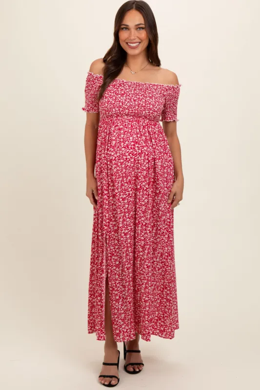 Red Floral Smocked Fitted Sleeve Side Slit Maternity Maxi Dress sold by Pinkblush