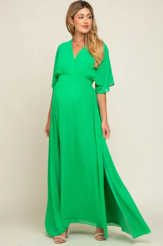 Green Chiffon V-Neck Smocked Waist Maternity Maxi Dress sold by Pinkblush