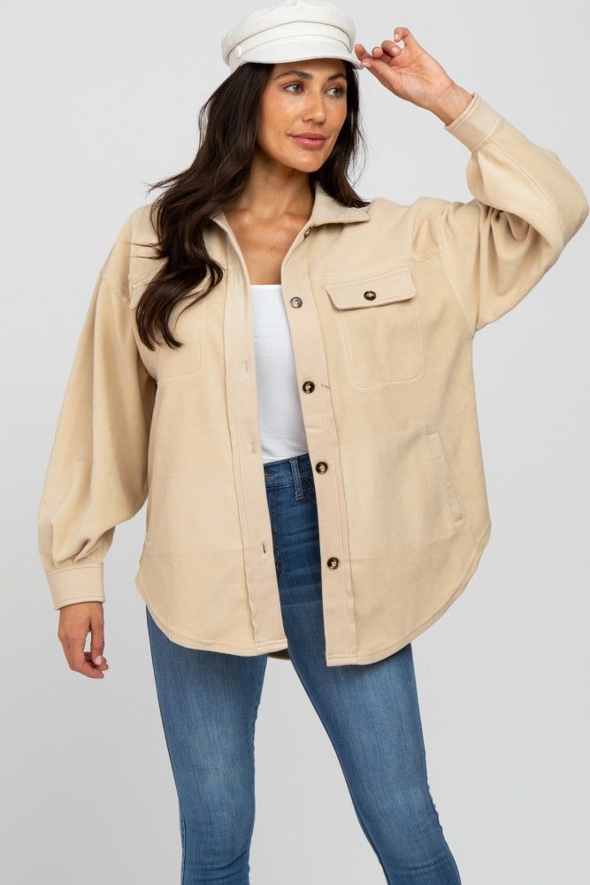 Beige Fleece Button Down Oversized Jacket sold by Pinkblush