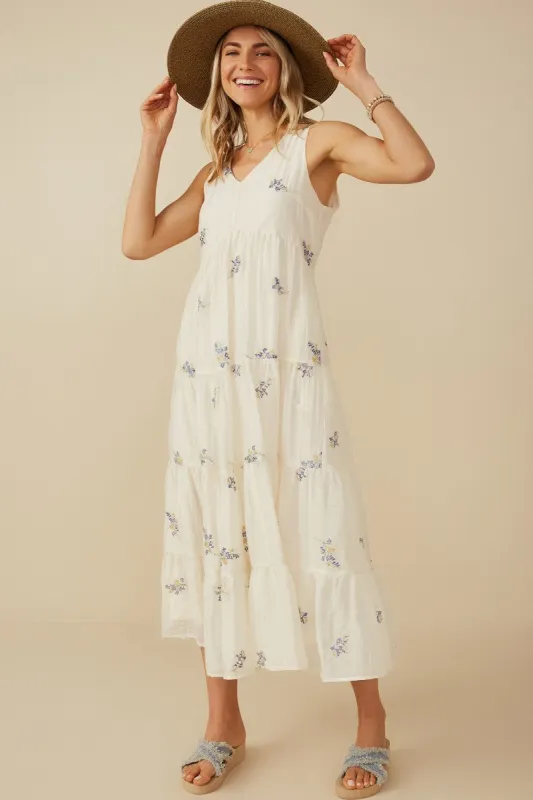 Lavender Ditsy Floral Embroidered V Neck Tiered Dress sold by Pinkblush