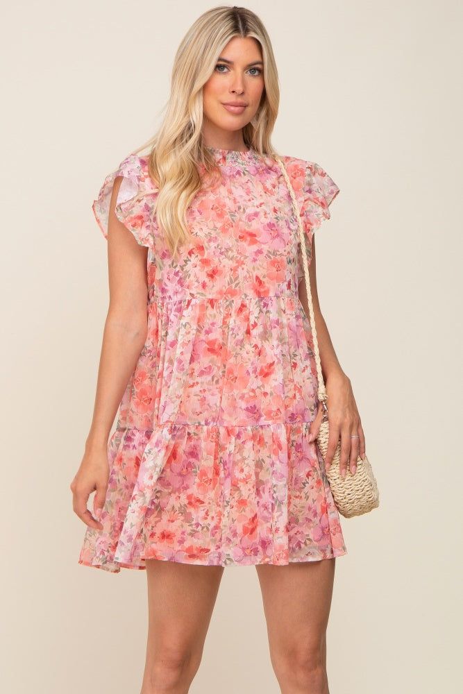 Coral Floral Chiffon Tiered Dress sold by Pinkblush