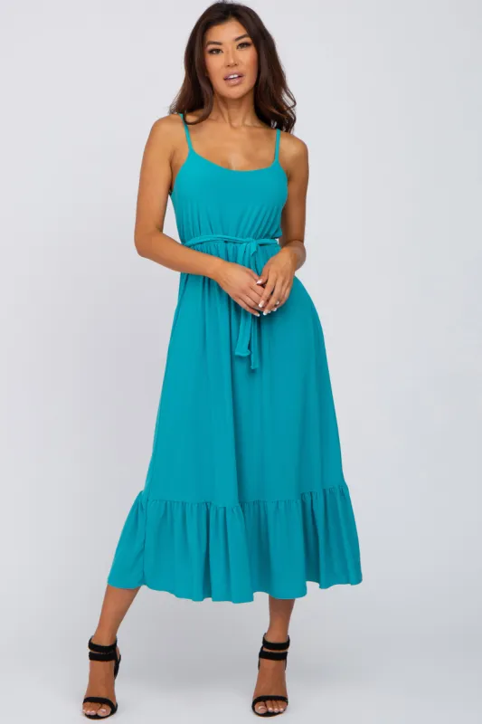Turquoise Waist Tie Ruffle Hem Midi Dress sold by Pinkblush