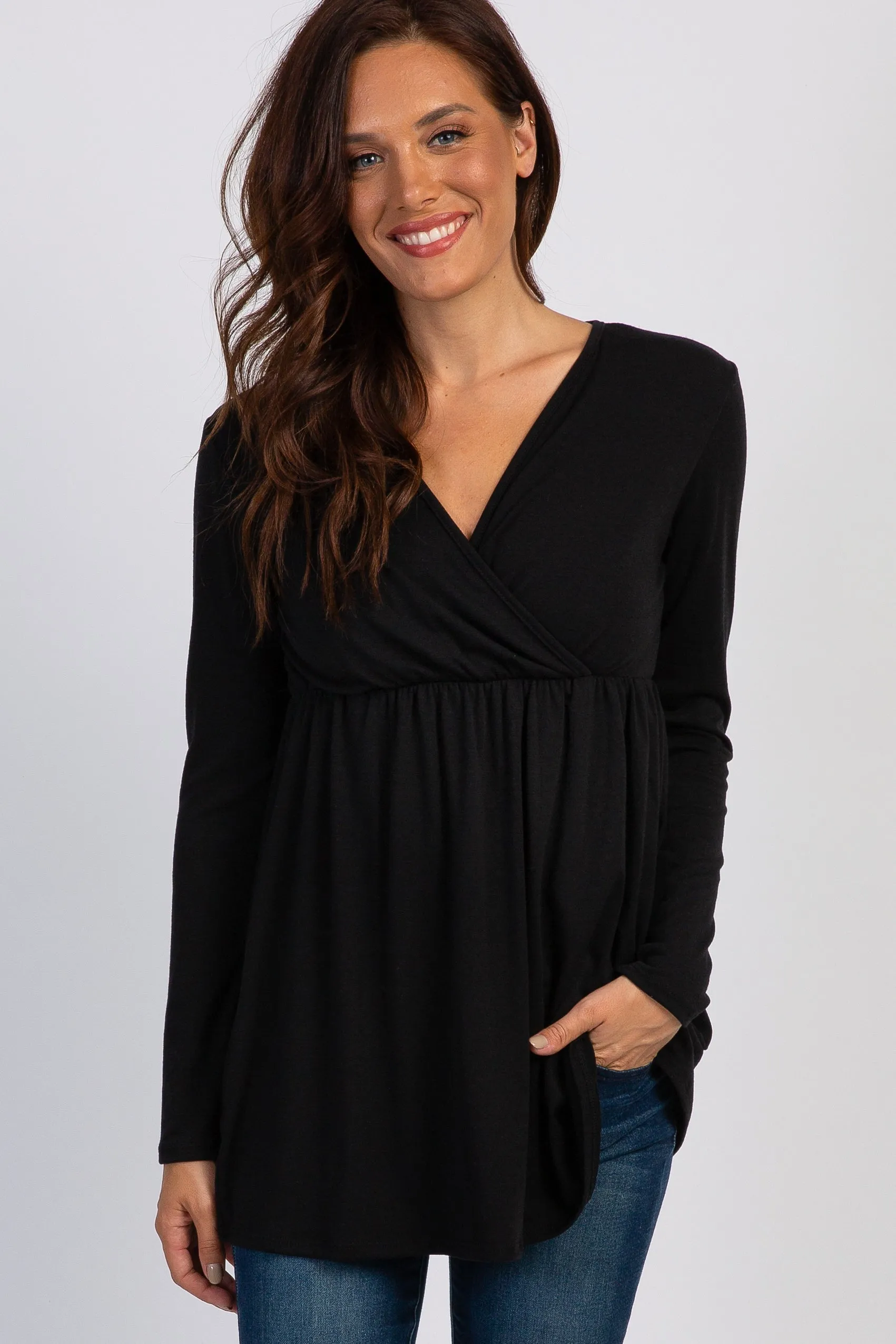 PinkBlush Black Long Sleeve Wrap Front Nursing Top sold by Pinkblush