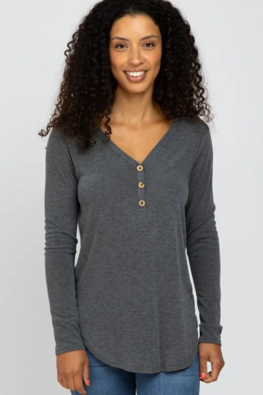 Charcoal Soft Button Front Round Hem Top sold by Pinkblush