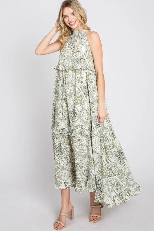 Green Floral Paisley Print Tiered Maxi Dress sold by Pinkblush