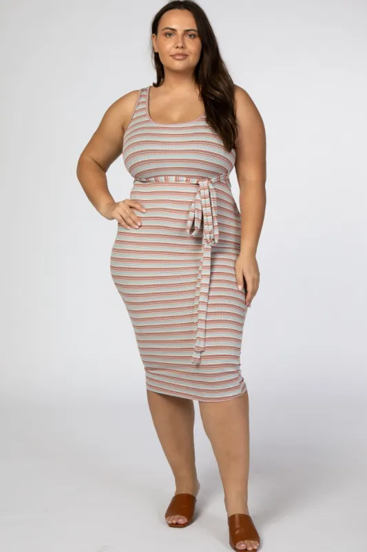 Pink Striped Front Tie Plus Midi Dress sold by Pinkblush