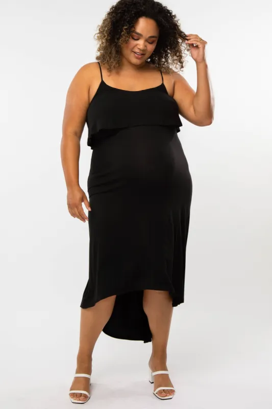 Black Ruffle Top Hi-Low Maternity Plus Size Midi Dress sold by Pinkblush