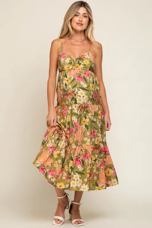 Light Olive Floral Tiered Maternity Midi Dress sold by Pinkblush