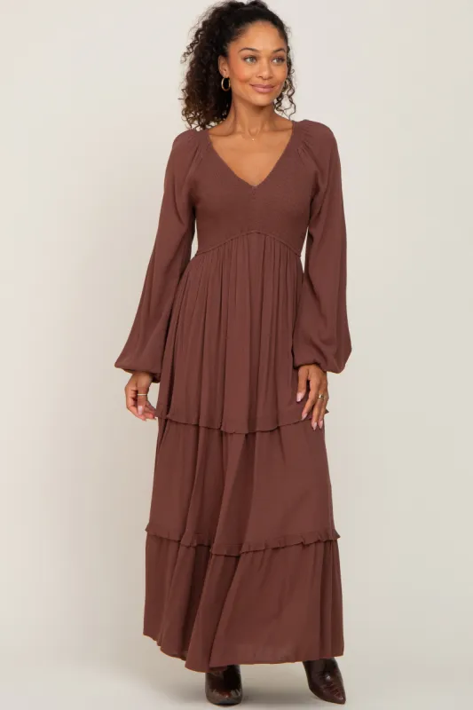 Mocha Smocked Tiered Midi Dress sold by Pinkblush