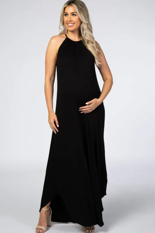Black High Neck Side Slit Maternity Maxi Dress sold by Pinkblush