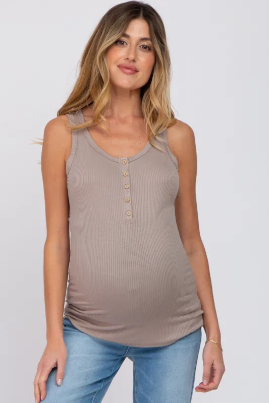 Taupe Ribbed Button Up Maternity Tank Top sold by Pinkblush
