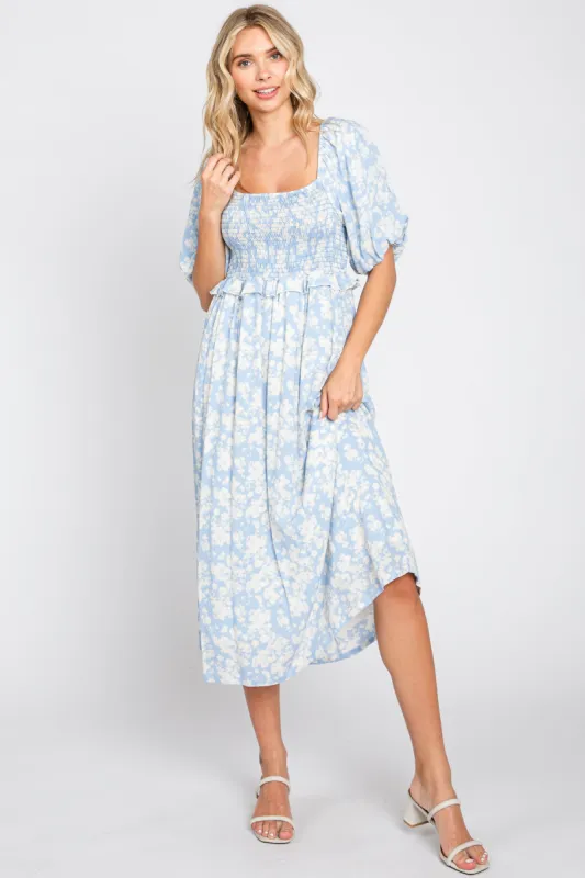 Light Blue Floral Smocked Midi Dress sold by Pinkblush