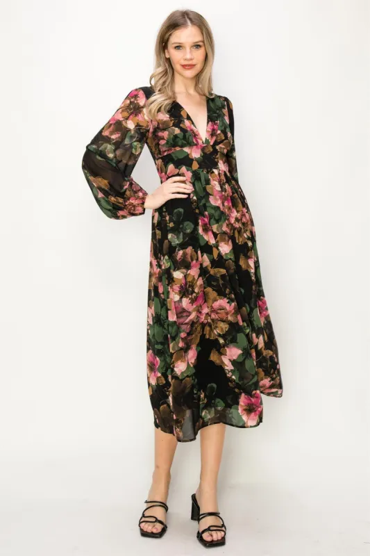 Green Chiffon Floral Long Sleeve V-Neck Maxi Dress sold by Pinkblush
