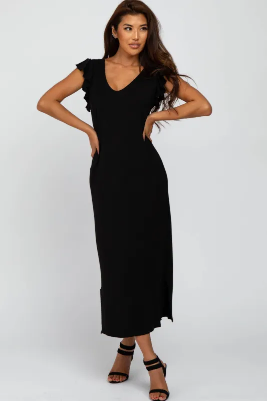Black Ruffle Sleeve Side Slit Maxi Dress sold by Pinkblush