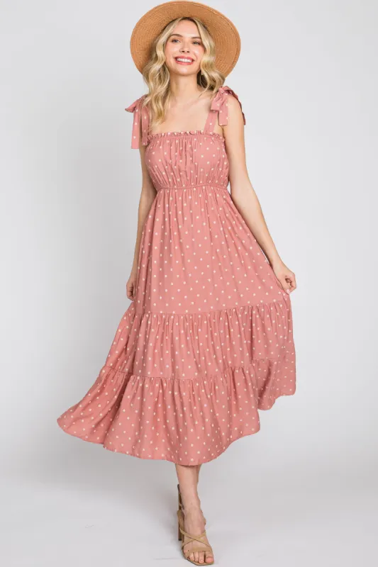 Mauve Polka Dot Shirred Midi Dress made by Pinkblush