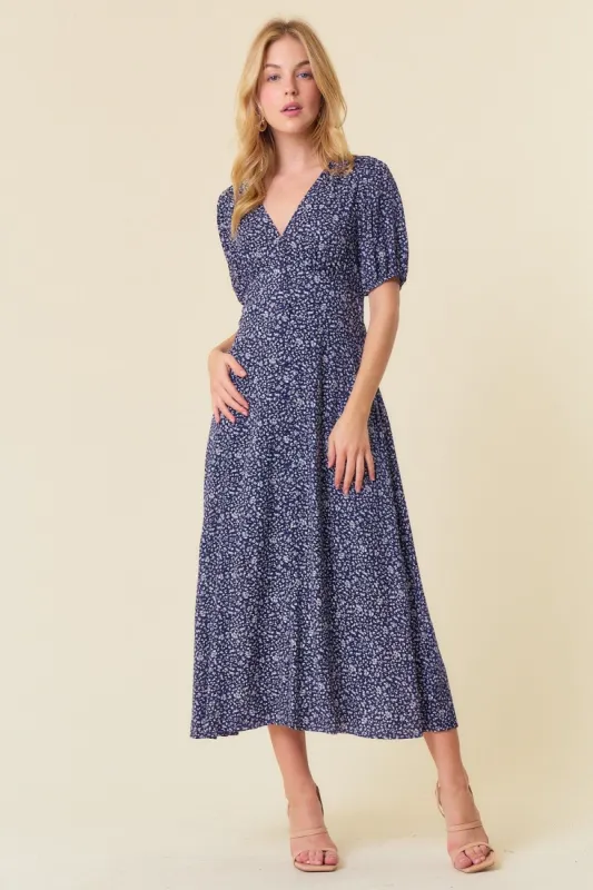 Navy Ditsy Floral Print V-Neck Puff Short Sleeve Dress sold by Pinkblush