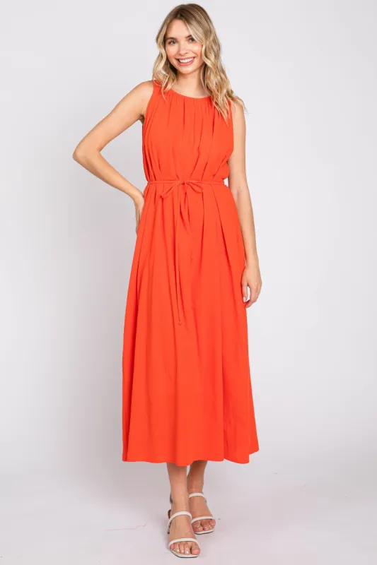 Coral Shirred Waist Tie Midi Dress sold by Pinkblush