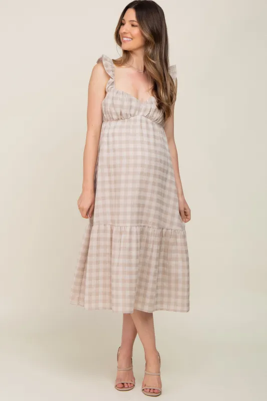 Beige Checkered Linen Sweetheart Neck Ruffle Strap Maternity Midi Dress sold by Pinkblush