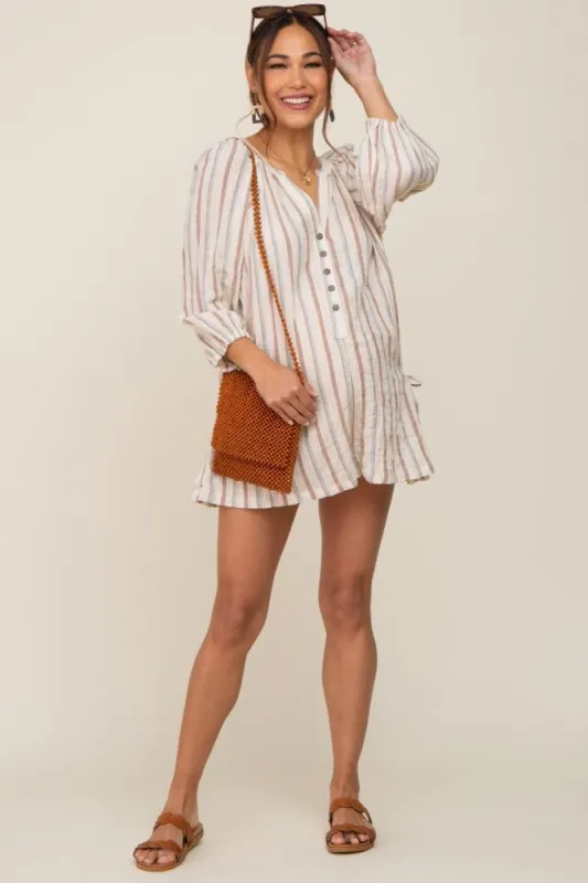 Ivory Striped Front Button Maternity Romper sold by Pinkblush