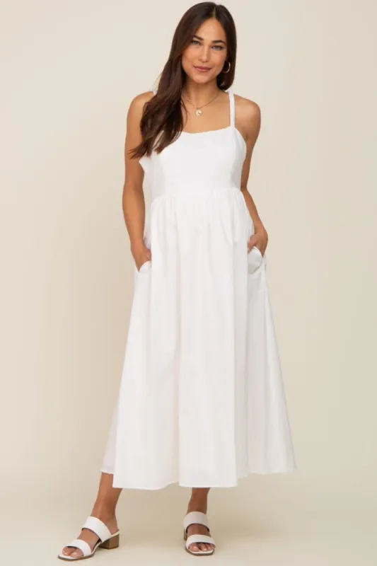 White Linen Square Neck Lace-Up Back Maternity Midi Dress sold by Pinkblush