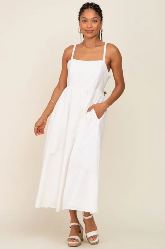 White Linen Square Neck Lace-Up Back Midi Dress sold by Pinkblush