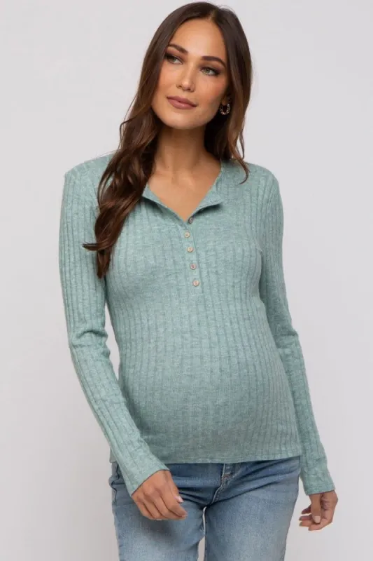 Green Ribbed Knit Button Long Sleeve Maternity Top sold by Pinkblush