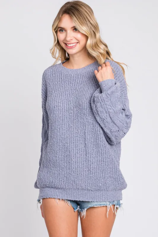 Blue Knit Puff Sleeve Sweater sold by Pinkblush