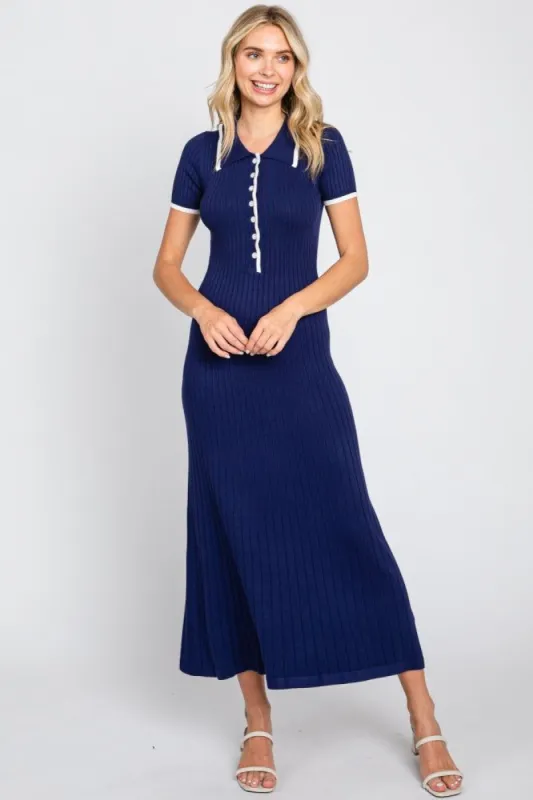 Navy Blue Collared Knit Midi Dress sold by Pinkblush